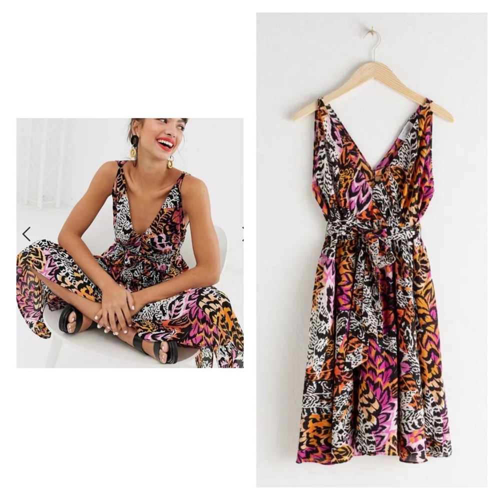 & OTHER STORIES Feather Print Cotton Mini Dress‎ Tie Belt Art To Wear Sz 0 NWT